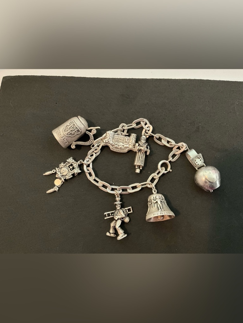 Vintage Silver Charm Bracelet Detailed Travel,Figure Charms. Mechanical Parts.